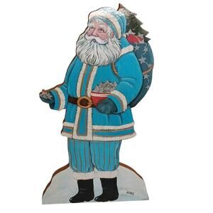 Christmas Santa Blue Coat Folk Art Wooden Signed Linda Elder